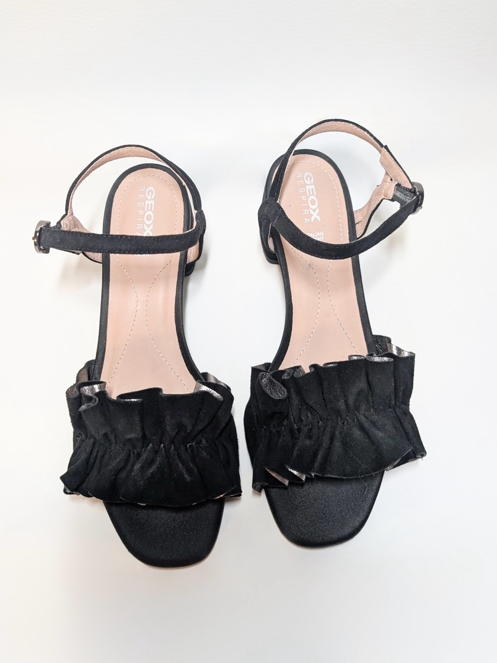 Geox Respira Eraklia Black Ruffle Leather Ribbon Block Heels Women’s EU 37